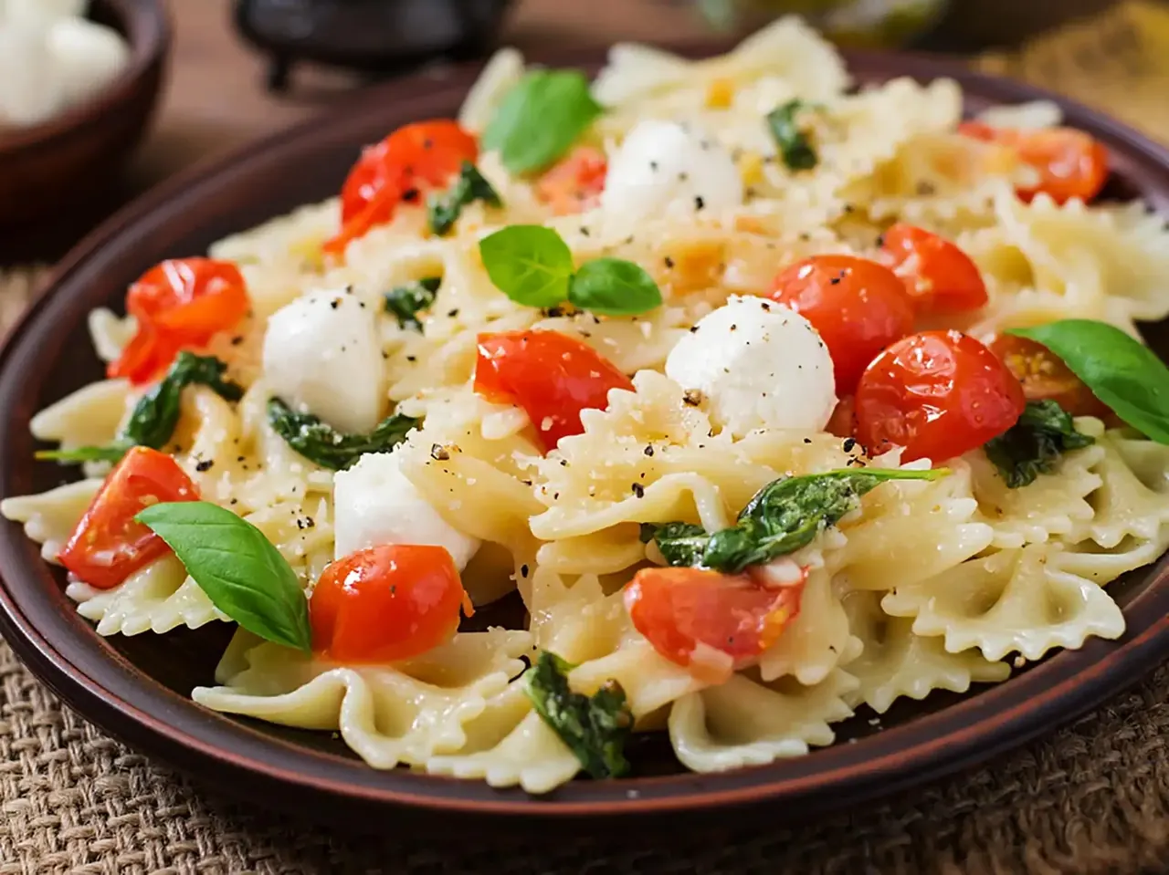 Pasta Caprese ja friteerattuja basilikan lehtiä