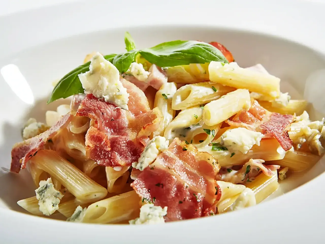 Sinihomejuusto-pekonipasta