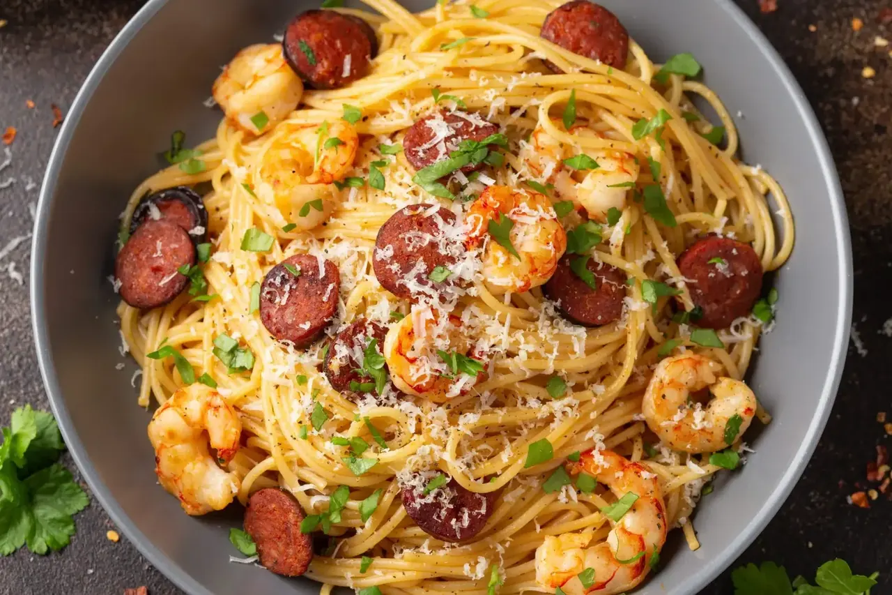 Surf and turf pasta